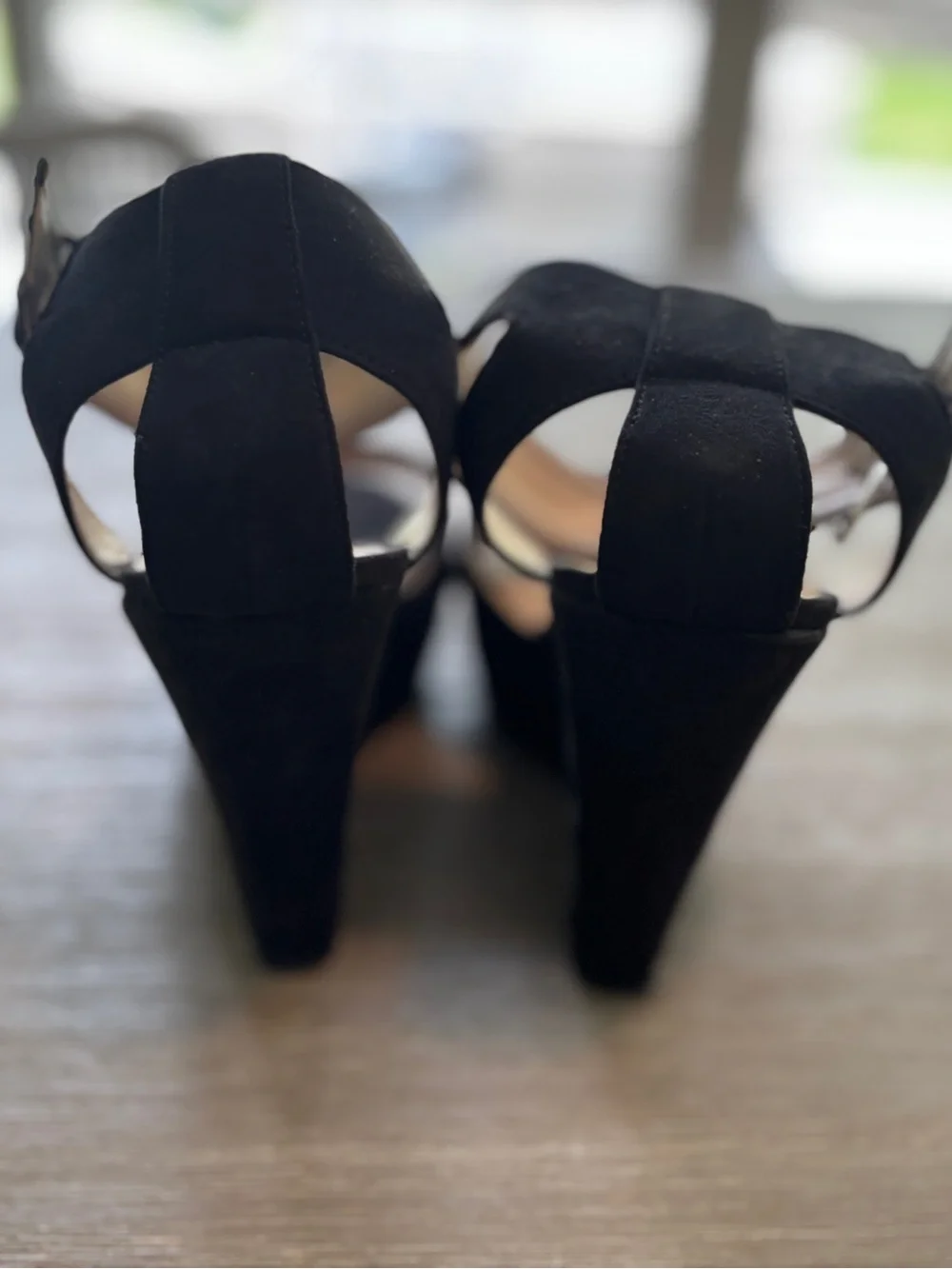 Nine West Black Suede Peep-Toe Wedge Sandals with Ankle Buckle
